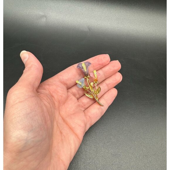 Vintage Floral Brooch Pin Lianna LIA Gold Toned Calla Lily Flower Pink Blue - Picture 7 of 9